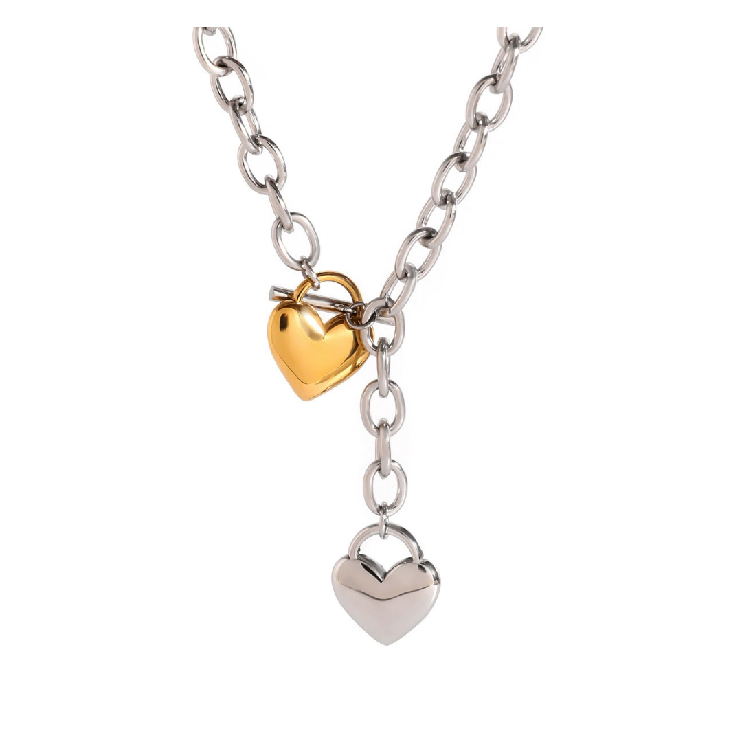 316L Bi-color Heart Charm Chain Necklace 詳細画像3|Misy Jewelry