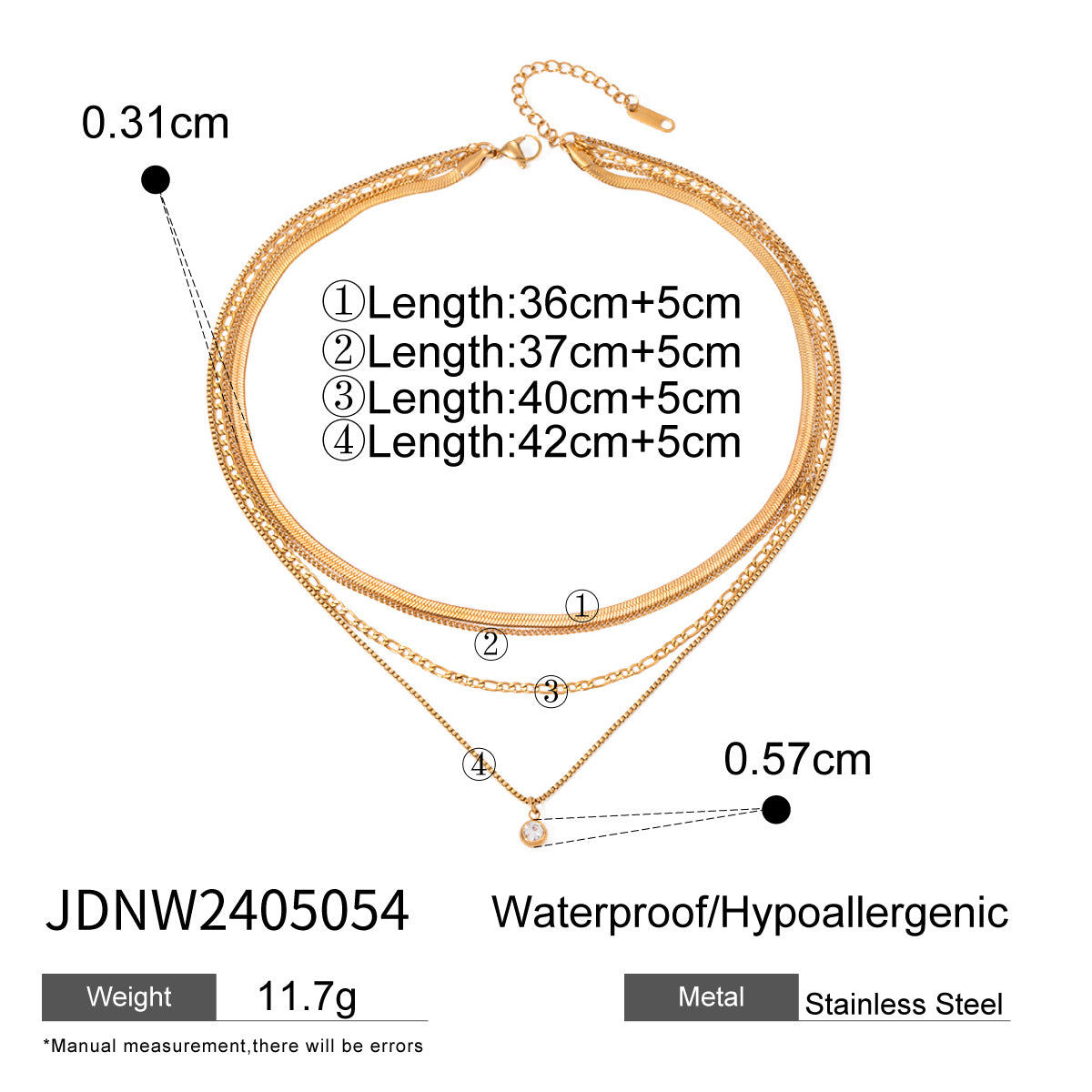 316L Layered Chain Necklace size chart