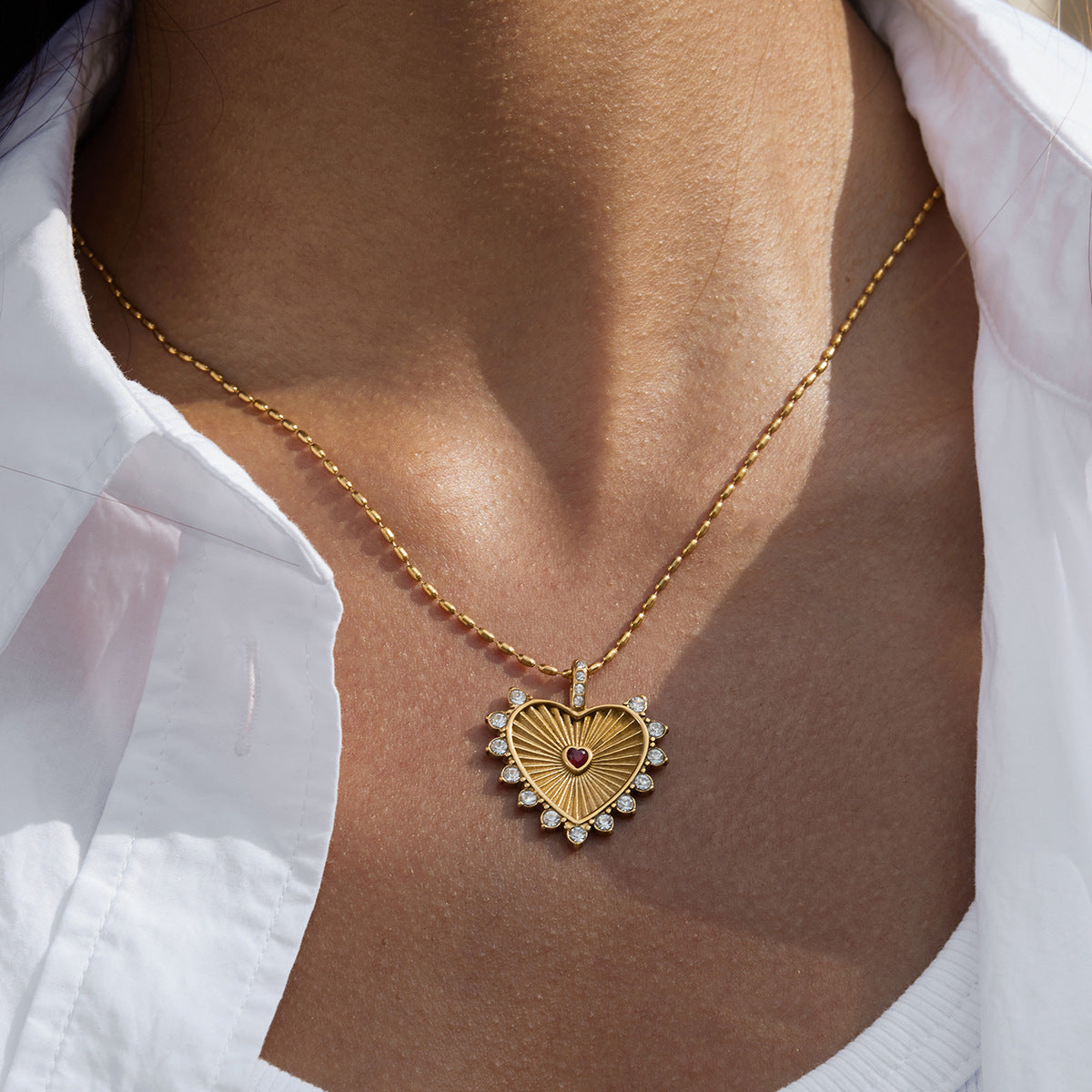 316L Radiant Heart Necklace close-up worn