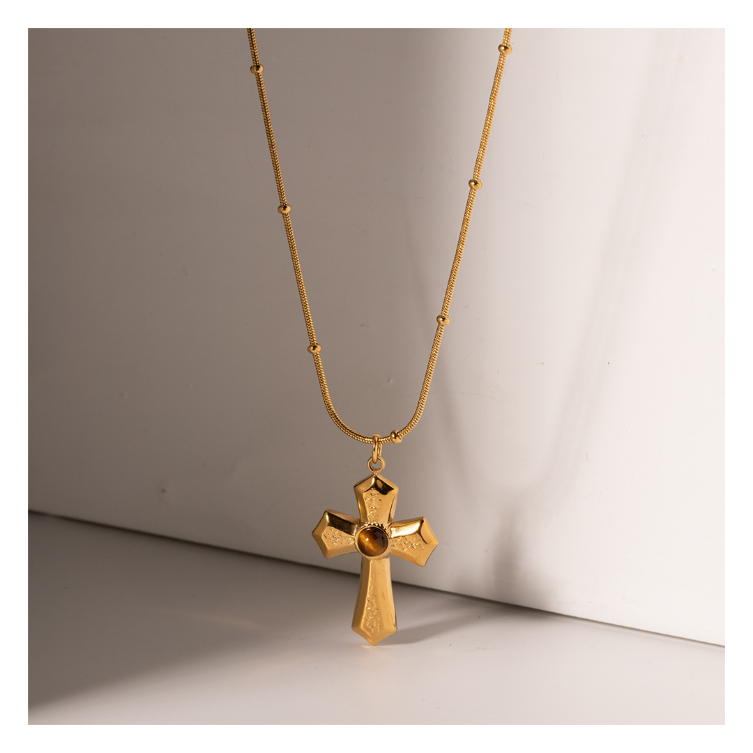 316L Tiger Eye Cross Necklace - ネックレス|Misy Jewelry
