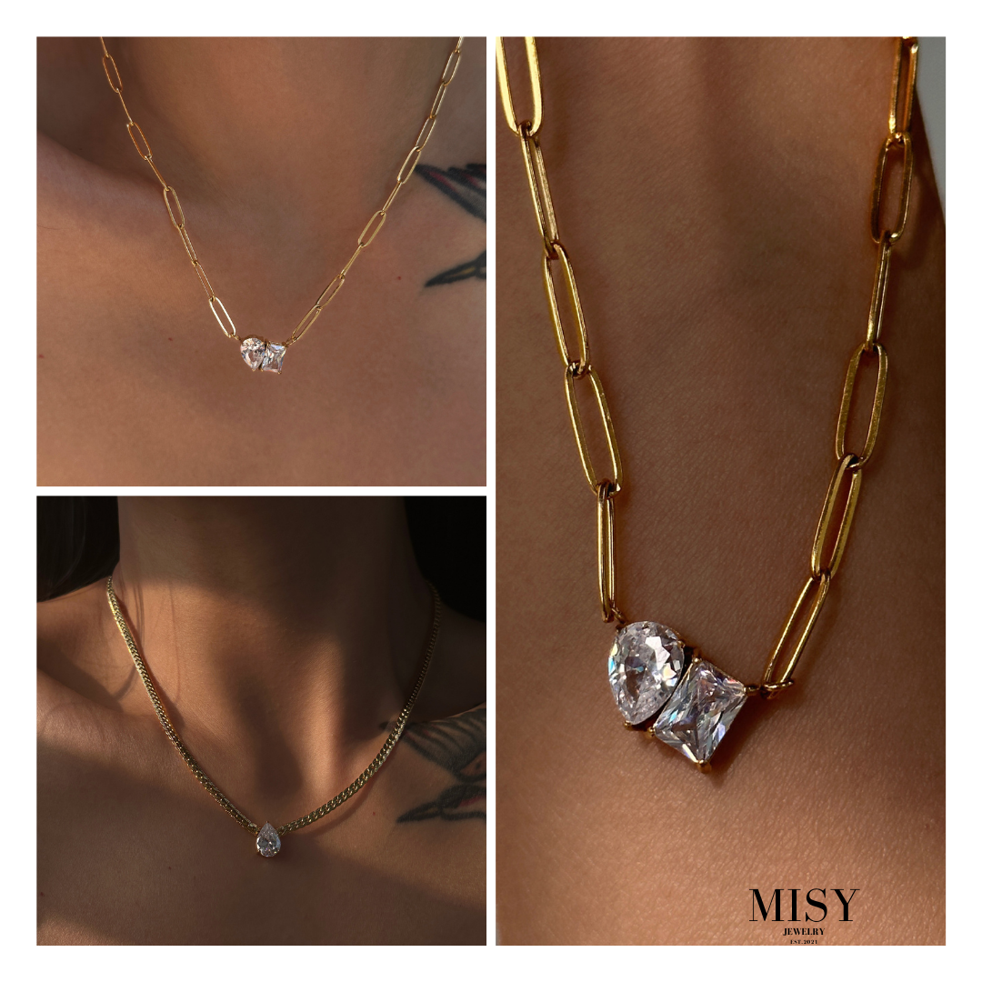 316L Double Zirconia Chain Necklace — 着用イメージ | ネックレス | サージカルステンレス316L | Misy Jewelry
