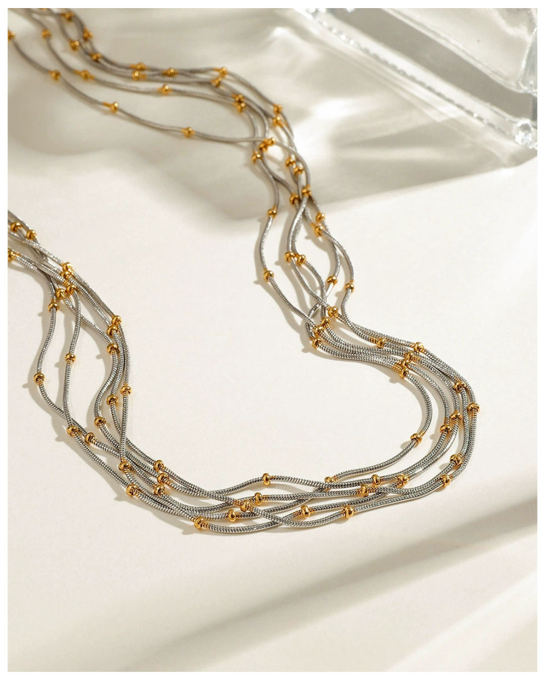 316L Multi-Layer Beaded Necklace - Silver x Gold 詳細画像4|Misy Jewelry