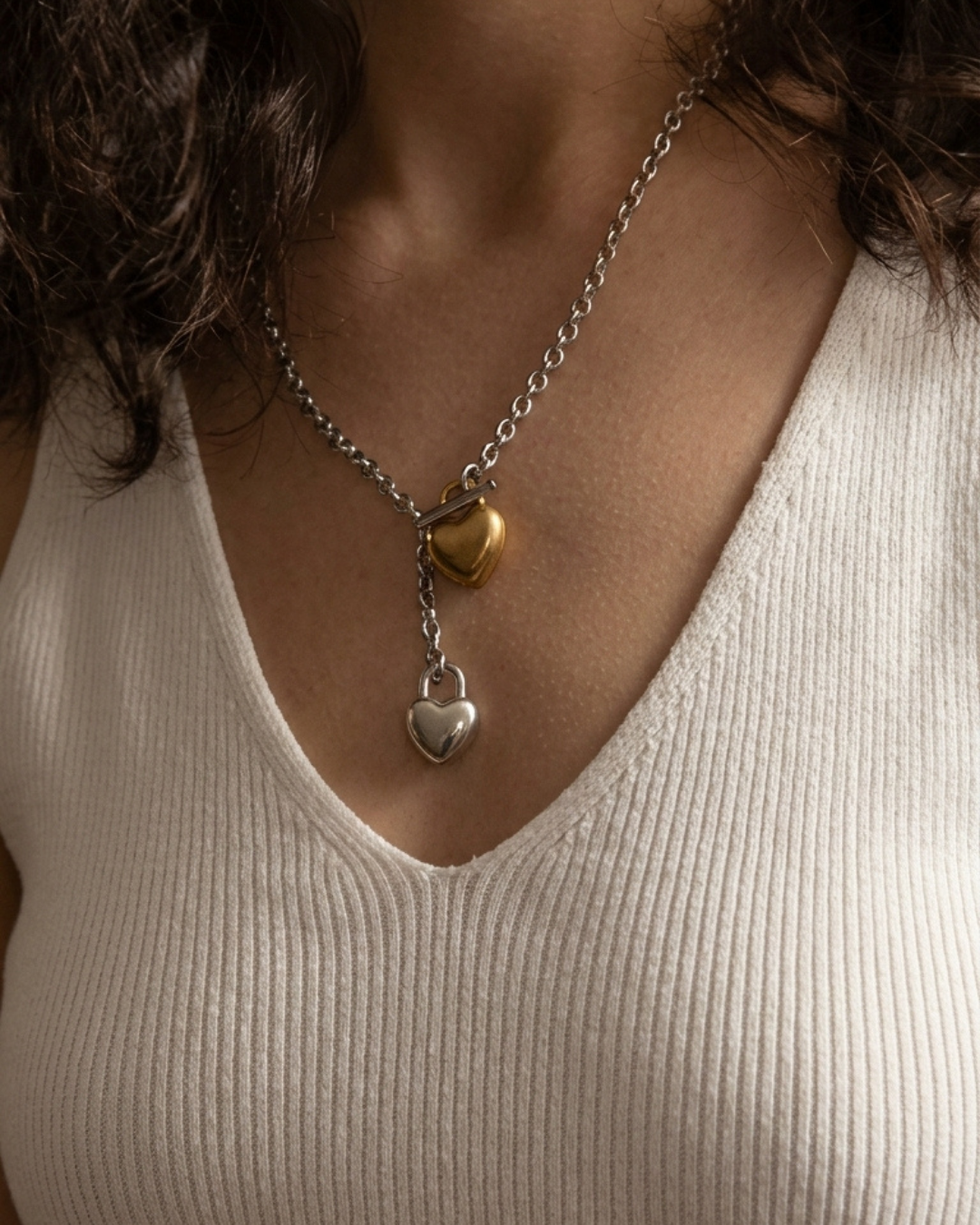 316L Bi-color Heart Charm Chain Necklace 詳細画像5|Misy Jewelry