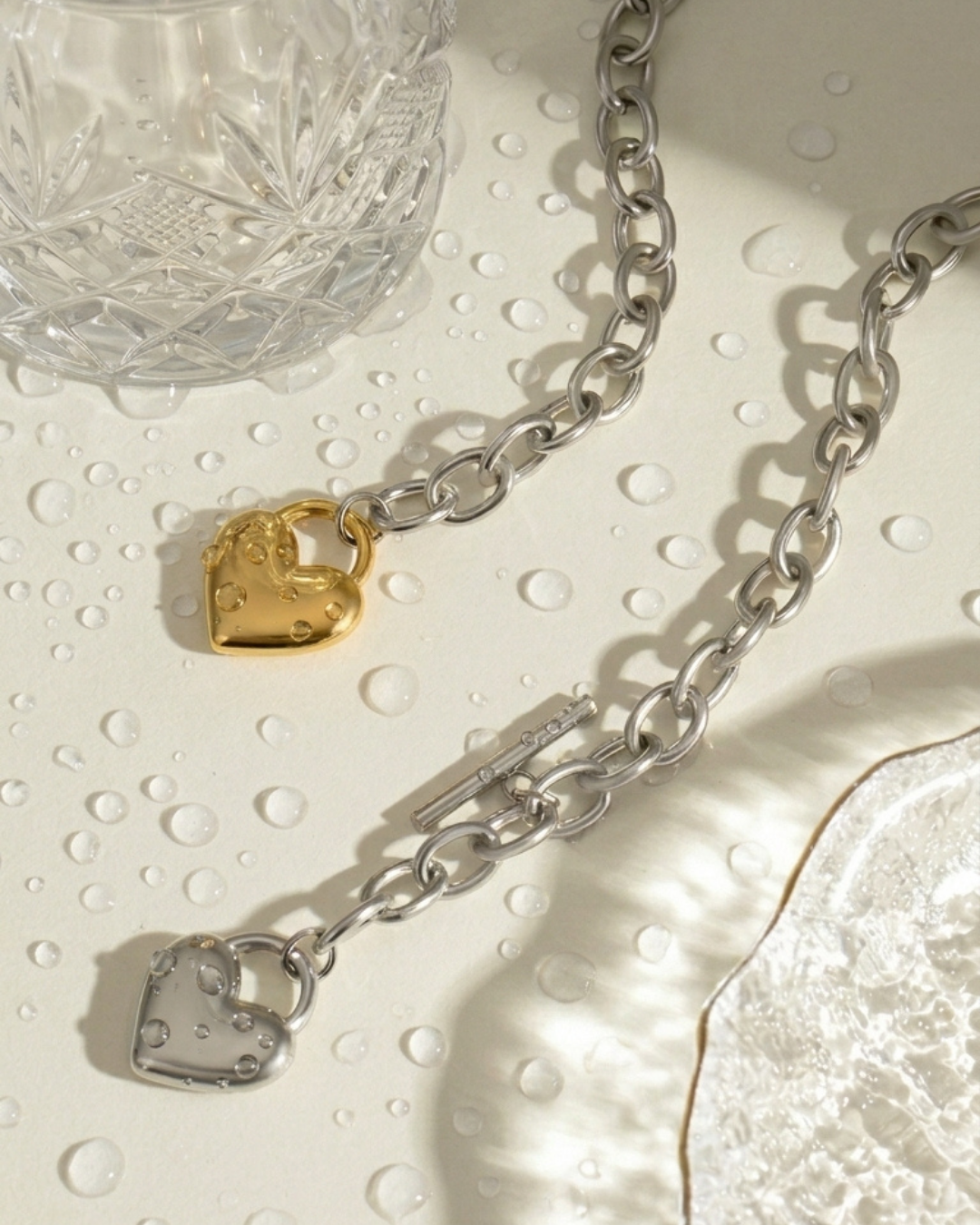 316L Bi-color Heart Charm Chain Necklace 詳細画像6|Misy Jewelry