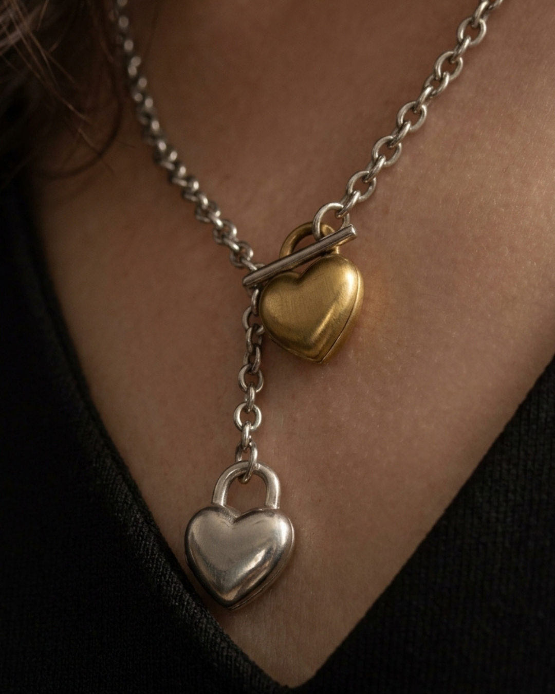316L Bi-color Heart Charm Chain Necklace 詳細画像9|Misy Jewelry