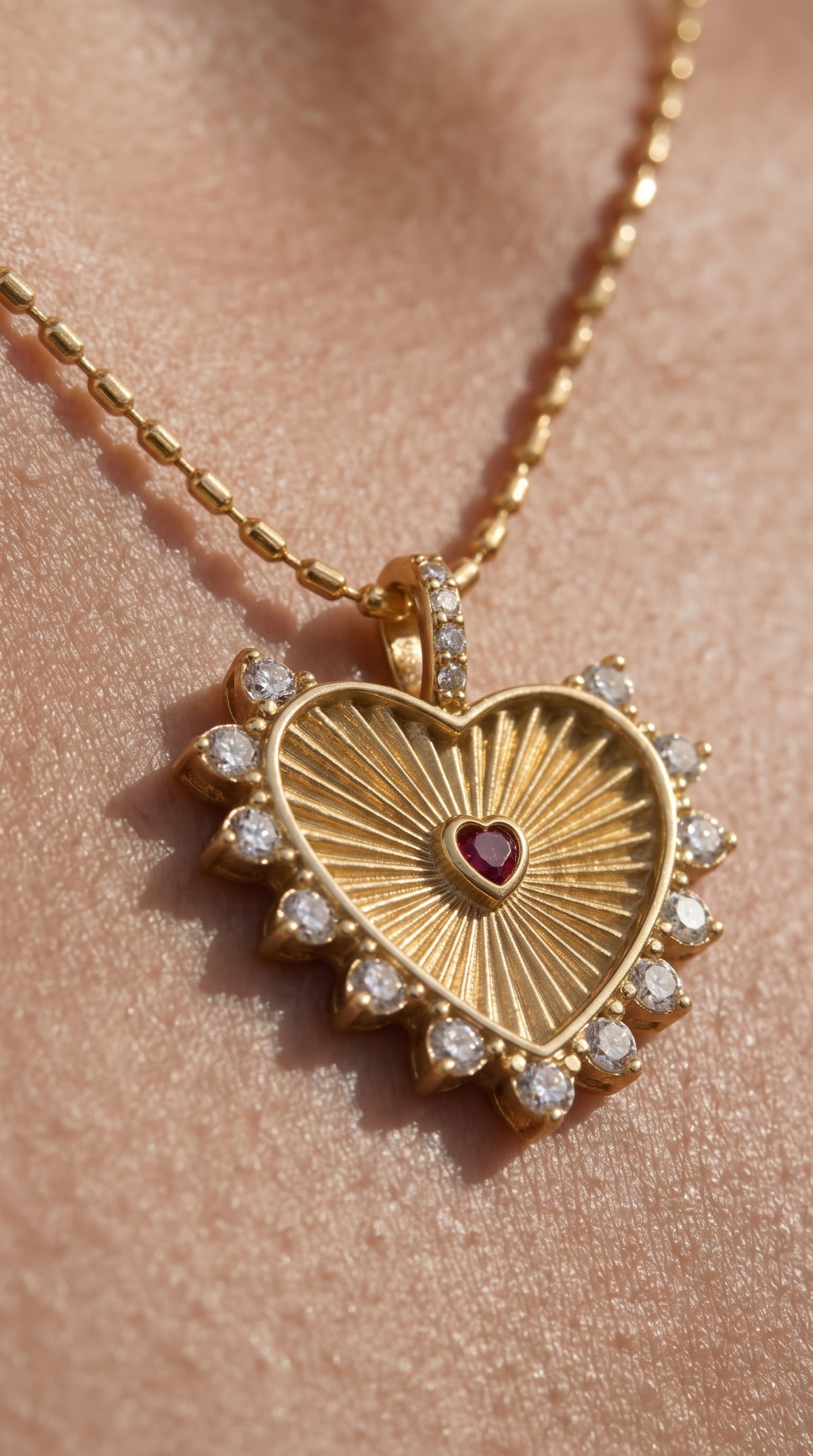 Radiant Heart Necklace — ペンダントの放射模様と赤い小ハートのAIイメージ