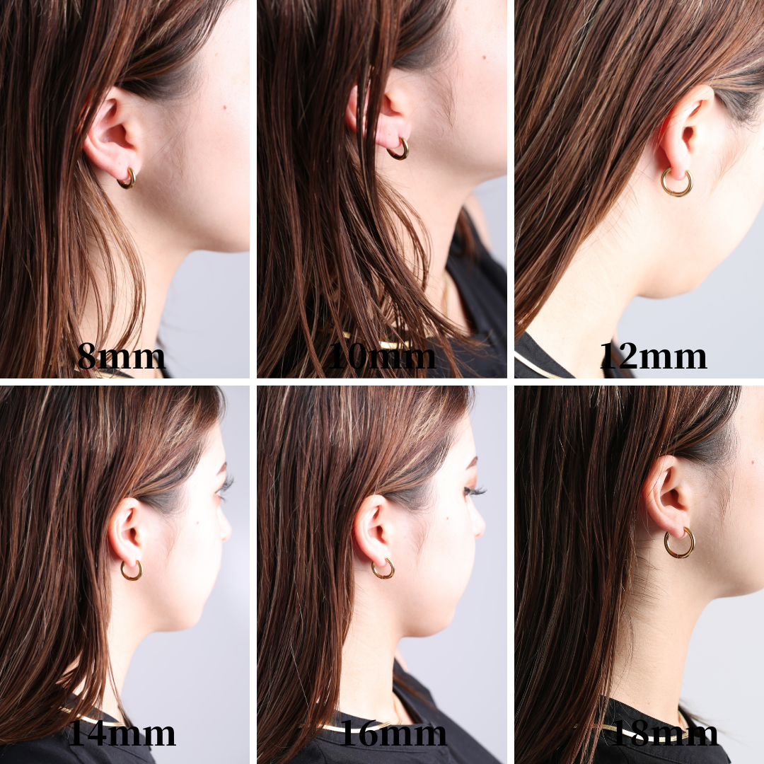 316L Round pierce 2 Setの8mm・10mm・12mm・14mm・16mm・18mm着用サイズ比較