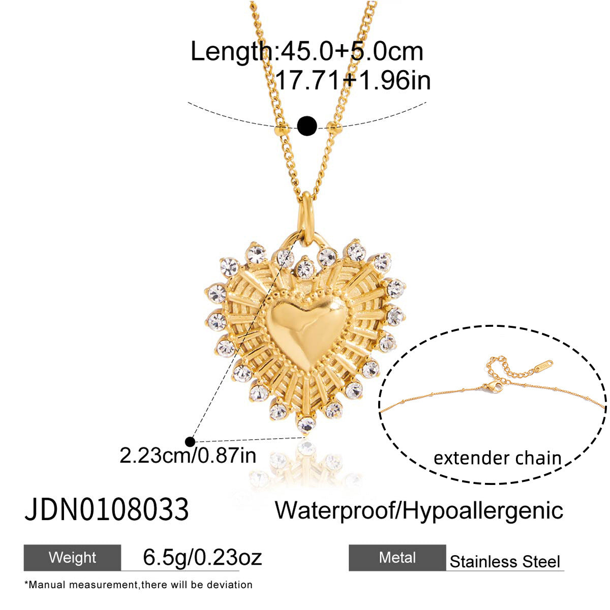 316L Radiant Heart Necklace size guide
