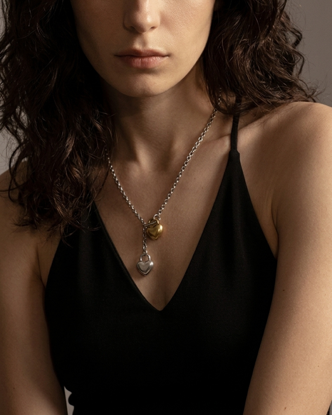 316L Bi-color Heart Charm Chain Necklace 詳細画像7｜Misy Jewelry