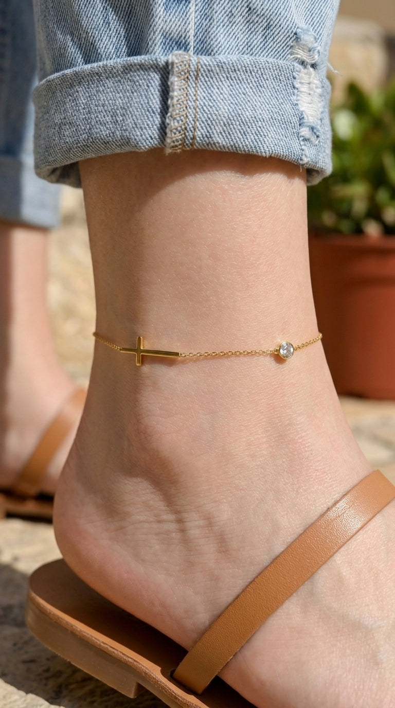 Cross Zirconia Anklet — Gold ディテール | Misy Jewelry