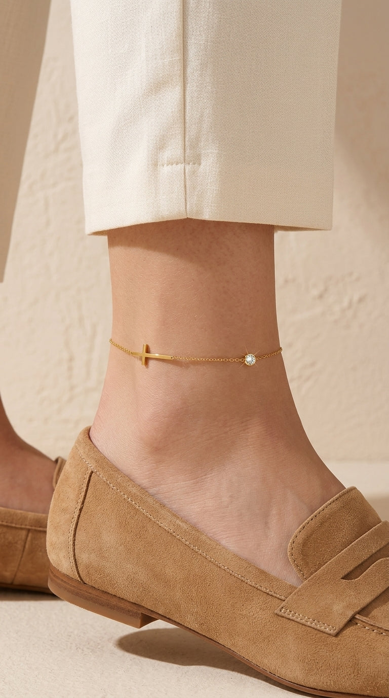 Cross Zirconia Anklet — Gold ディテール | Misy Jewelry