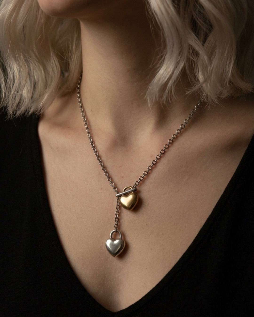 316L Bi-color Heart Charm Chain Necklace 詳細画像8｜Misy Jewelry