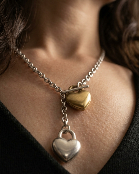 316L Bi-color Heart Charm Chain Necklace