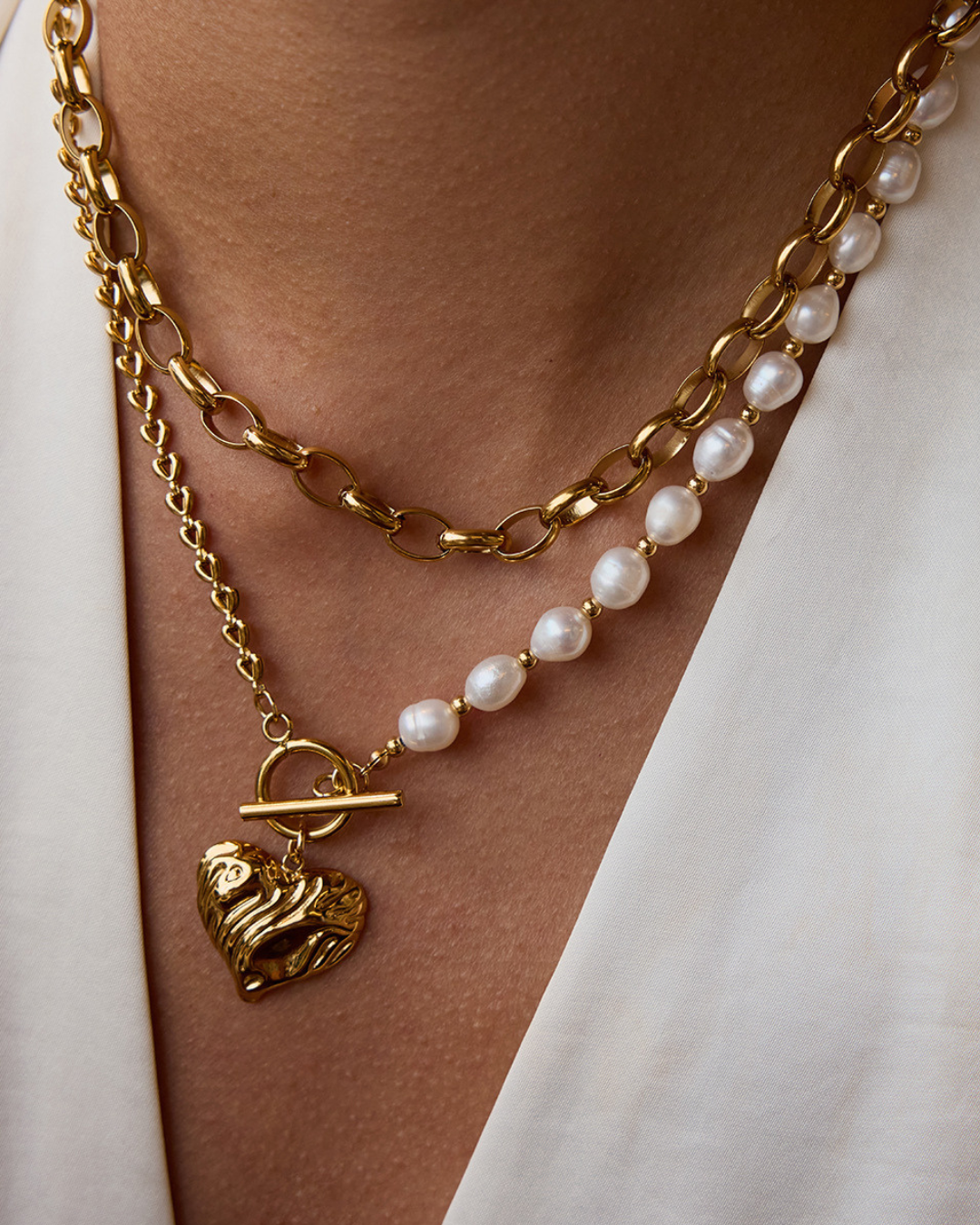 Pearl Heart Toggle Necklace worn styling