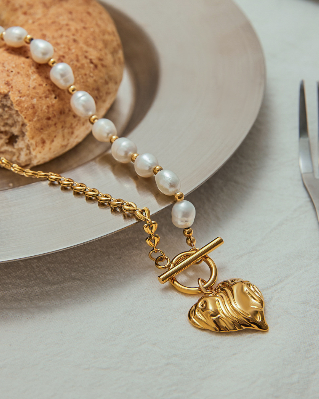 Pearl Heart Toggle Necklace flat lay